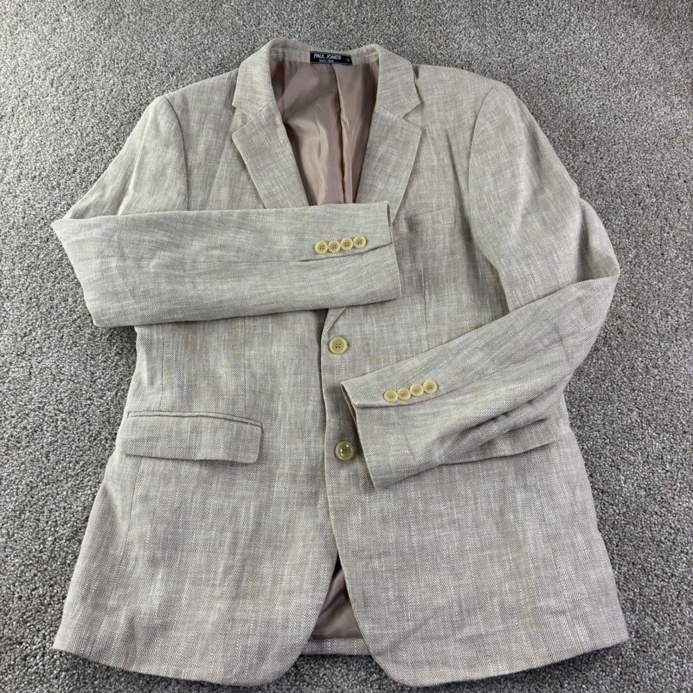 Paul Jones Blazer Mens M Beige Herringbone Linen Sport Coat Sophisticated Travel - Picture 11 of 11